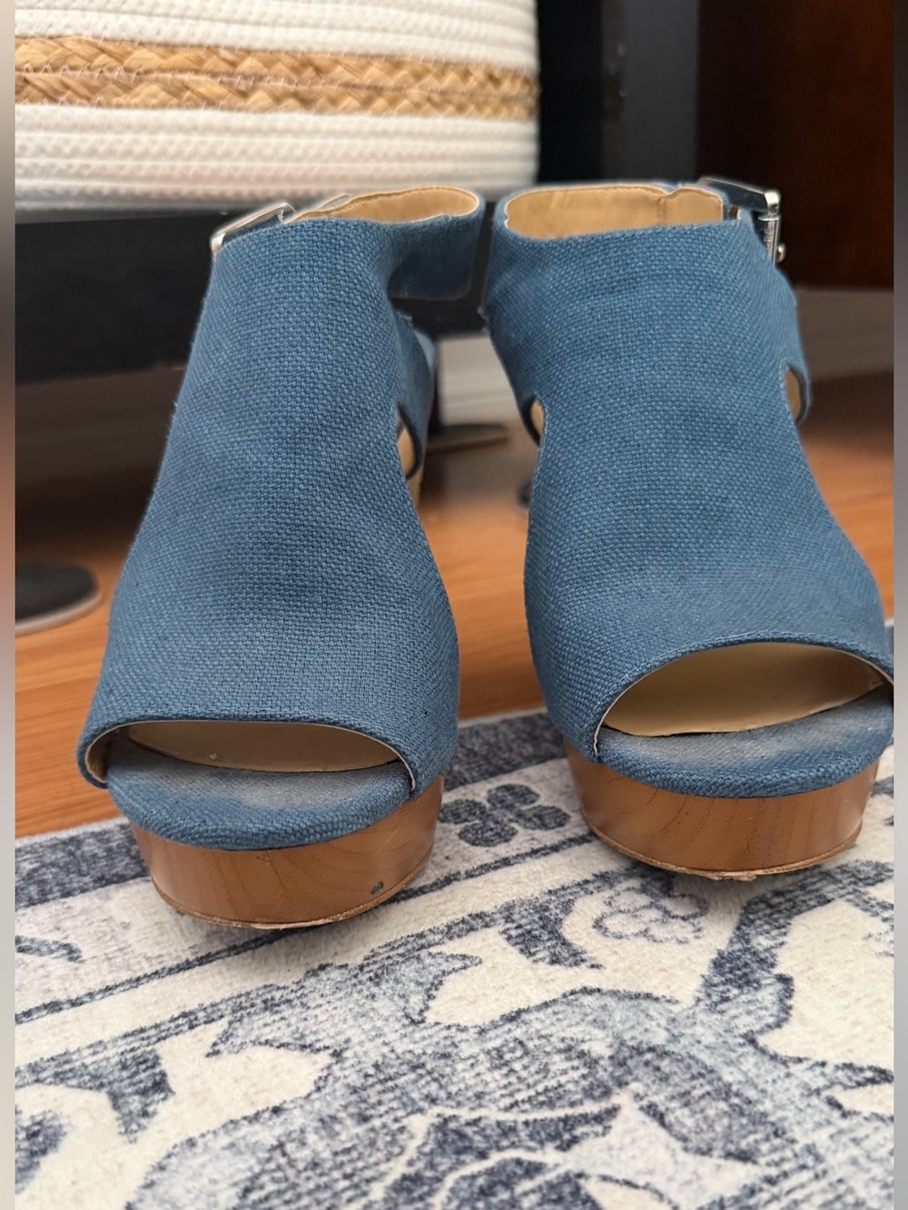 Michael Kors Denim Blue Peep-Toe Wedge Sandals